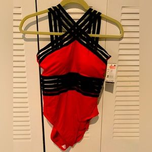 NWT! Beautiful red swimsuit with stretchy black & sheer mesh details! Size S!